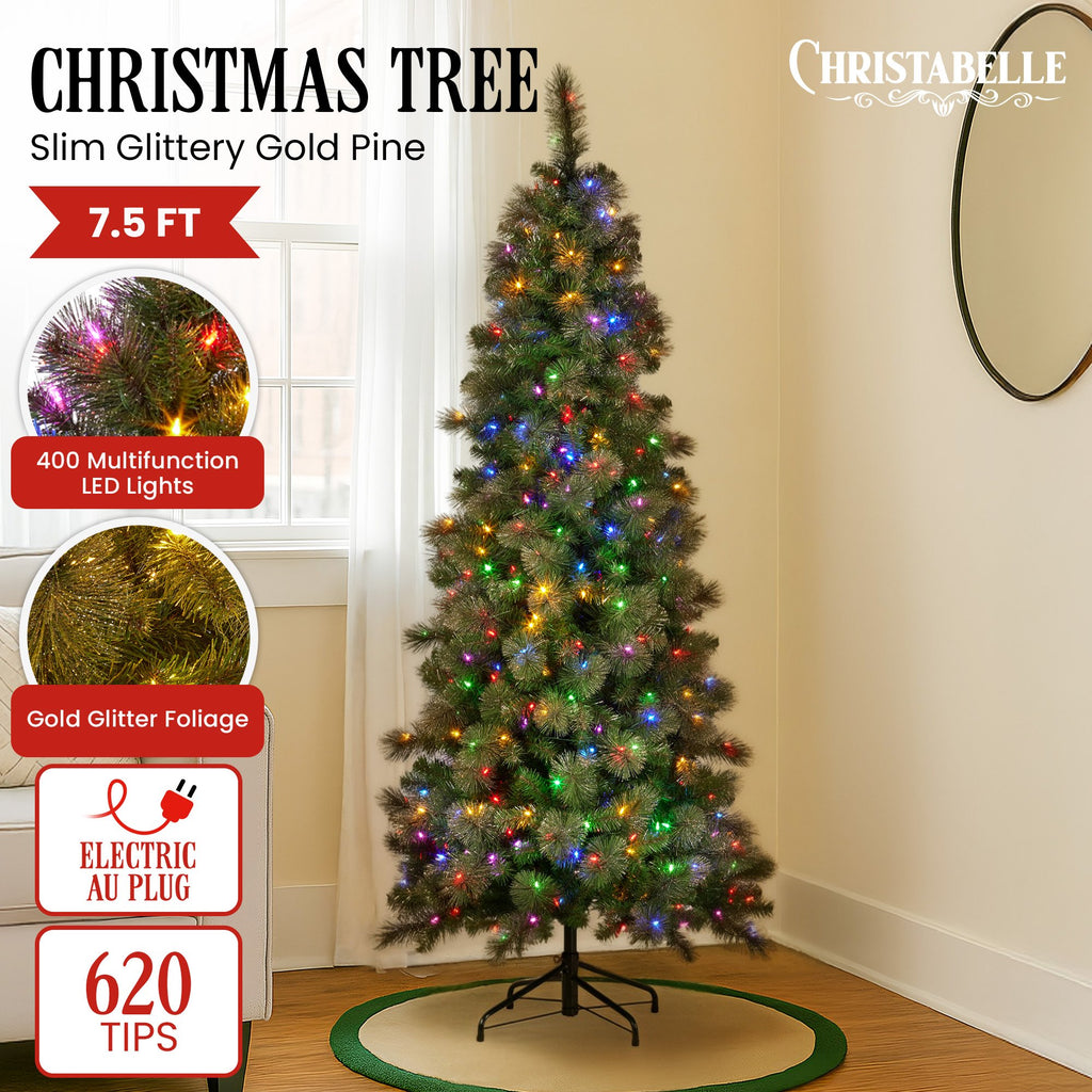 Christabelle 7.5ft Slim Glittery Gold Pre-Lit Christmas Tree – 400 LEDs