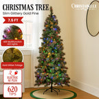 Christabelle 7.5ft Slim Glittery Gold Pre-Lit Christmas Tree – 400 LEDs