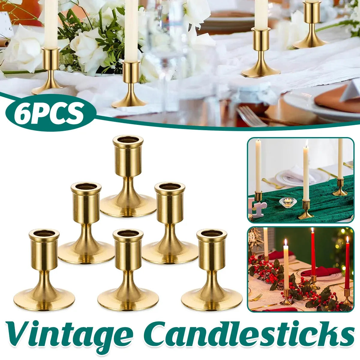6PCS Gold Candle Holder Decoration Tabletop for Christmas Romantic Dinner Decor