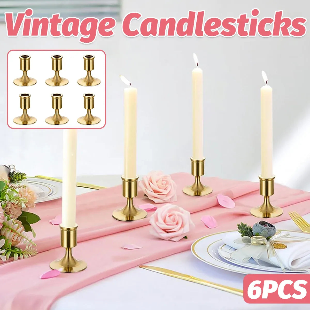 6PCS Gold Candle Holder Decoration Tabletop for Christmas Romantic Dinner Decor
