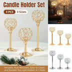 3PCS Crystal Candle Holders Metal Candlelight Wedding Home Dinner Decoration - Gold