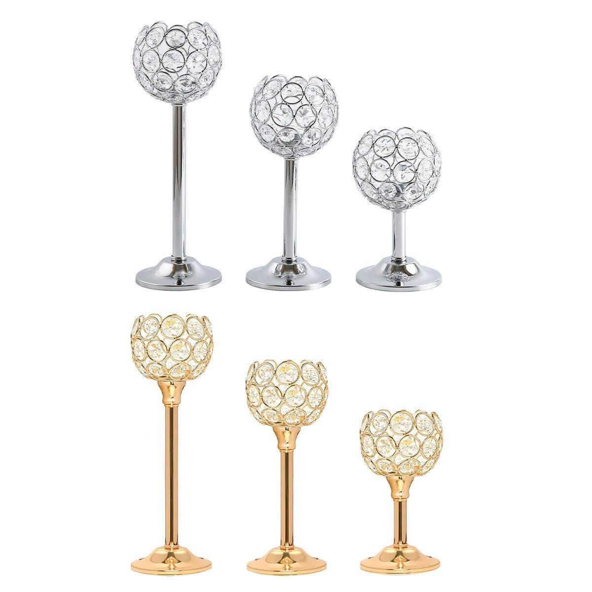 3PCS Crystal Candle Holders Metal Candlelight Wedding Home Dinner Decoration - Gold