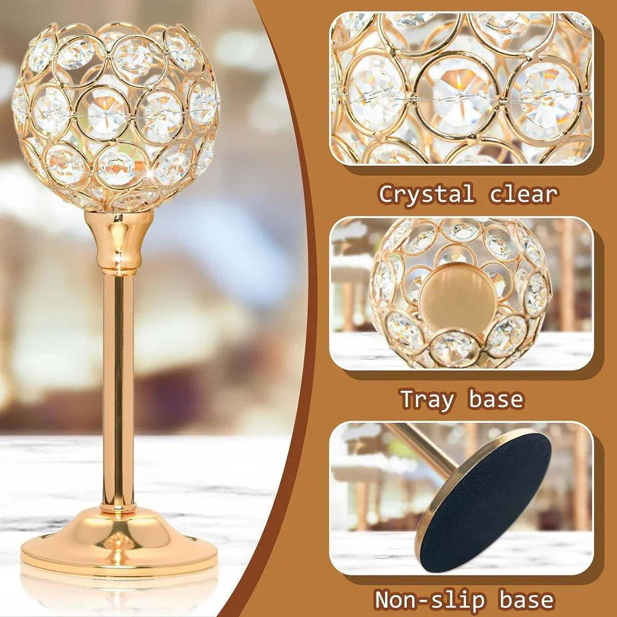 3PCS Crystal Candle Holders Metal Candlelight Wedding Home Dinner Decoration - Gold