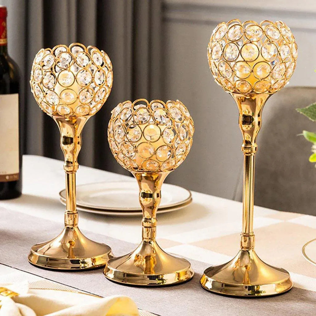 3PCS Crystal Candle Holders Metal Candlelight Wedding Home Dinner Decoration - Gold