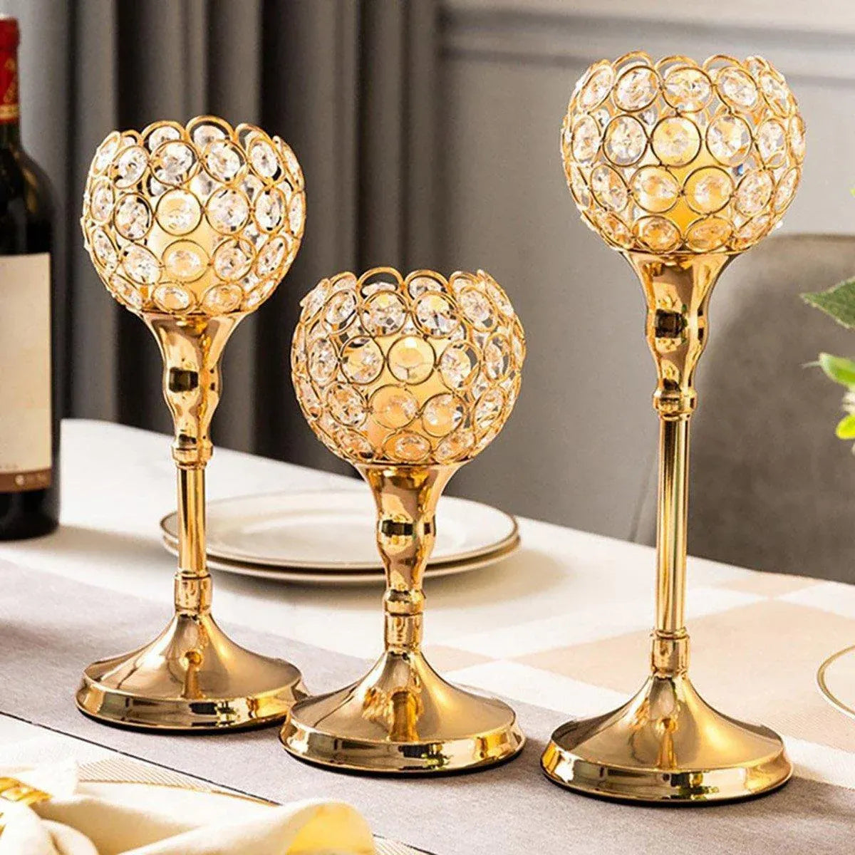3PCS Crystal Candle Holders Metal Candlelight Wedding Home Dinner Decoration - Gold