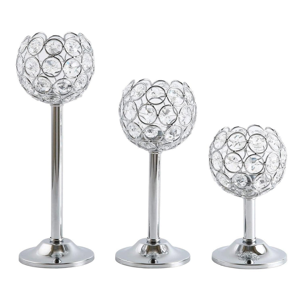 3PCS Crystal Candle Holders Metal Candlelight Wedding Home Dinner Decoration - Silver