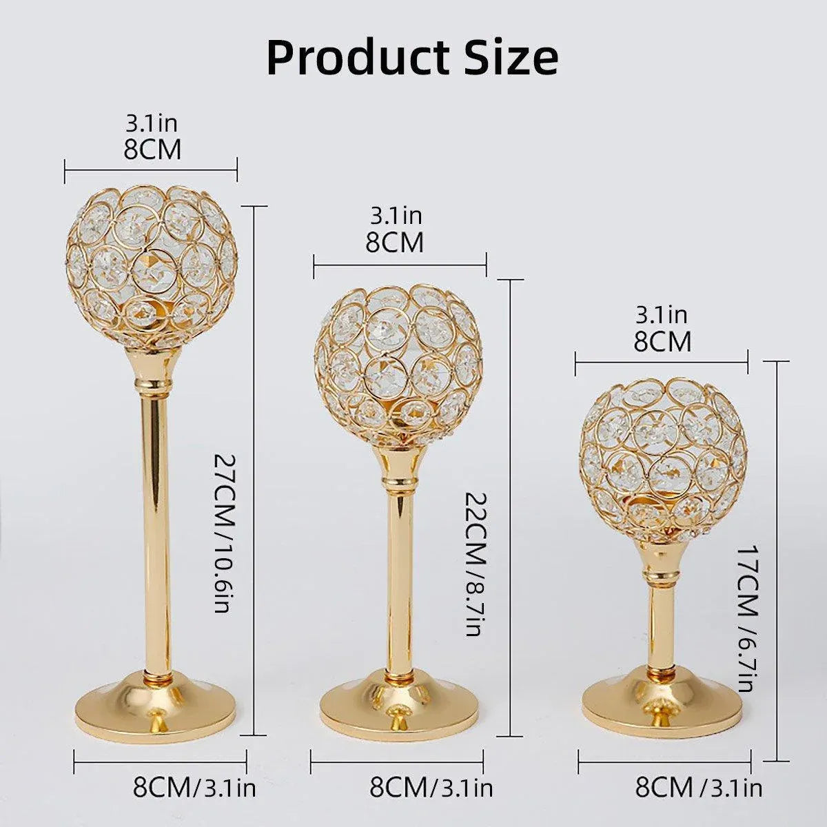 3PCS Crystal Candle Holders Metal Candlelight Wedding Home Dinner Decoration - Silver