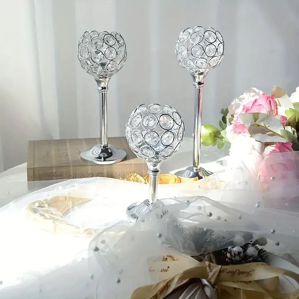 3PCS Crystal Candle Holders Metal Candlelight Wedding Home Dinner Decoration - Silver