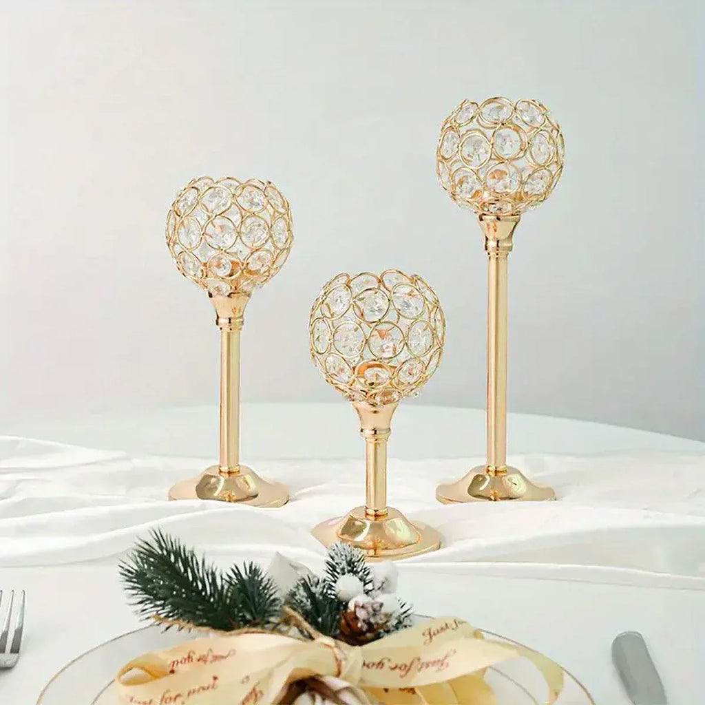 3PCS Crystal Candle Holders Metal Candlelight Wedding Home Dinner Decoration - Silver