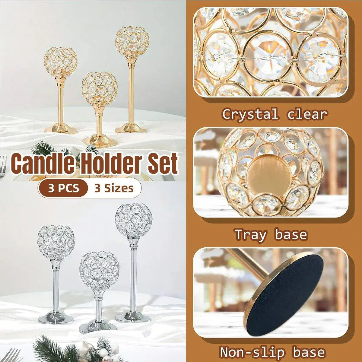 3PCS Crystal Candle Holders Metal Candlelight Wedding Home Dinner Decoration - Silver