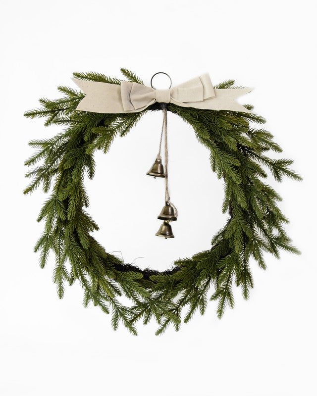 Pine Christmas Wreath with Bow & Bell – 76cm