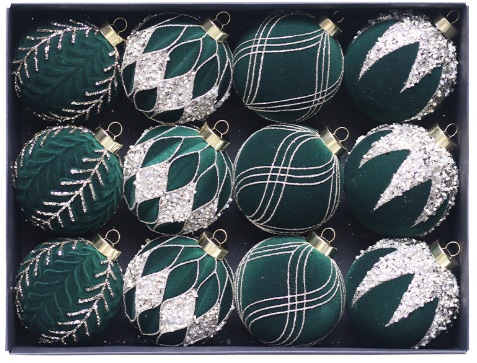 Green 12-Piece 8cm Christmas Bauble Set - Colorful Flocked Tree Ornaments