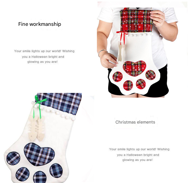 Blue Large Plaid Dog Paw Christmas Stocking - Festive Fireplace Decor for Pet Lovers
