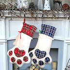 Blue Large Plaid Dog Paw Christmas Stocking - Festive Fireplace Decor for Pet Lovers