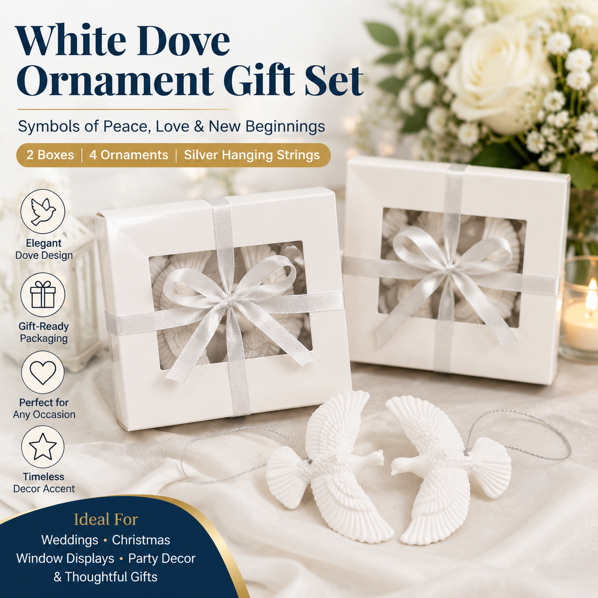 White Dove Christmas Ornaments – Set of 2 + Gift Box
