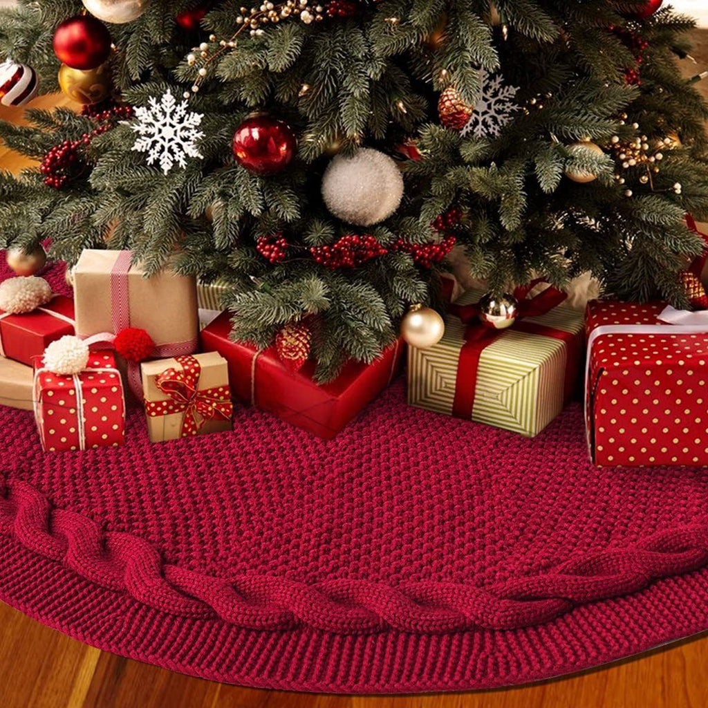 Cable Knit Christmas Tree Skirt – Red | 24in