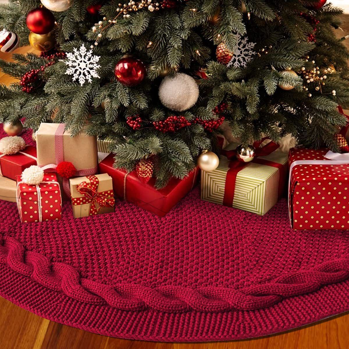 Cable Knit Christmas Tree Skirt – Red | 24in