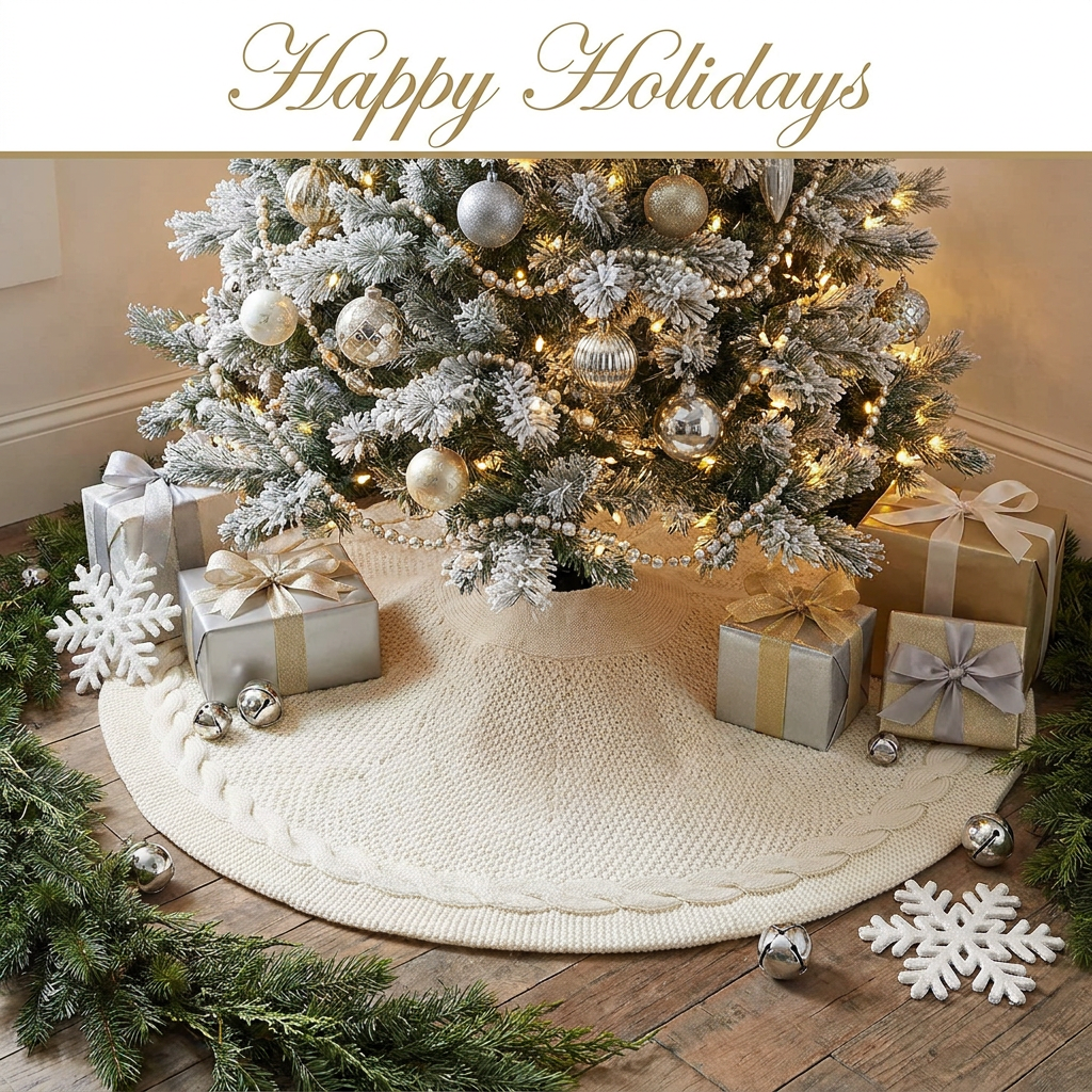 Cable Knit Christmas Tree Skirt – White | 24in