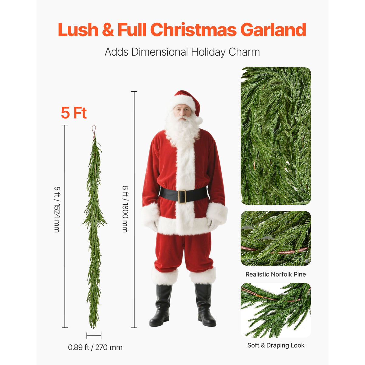 Realistic Norfolk Pine Christmas Garland – 152.4cm