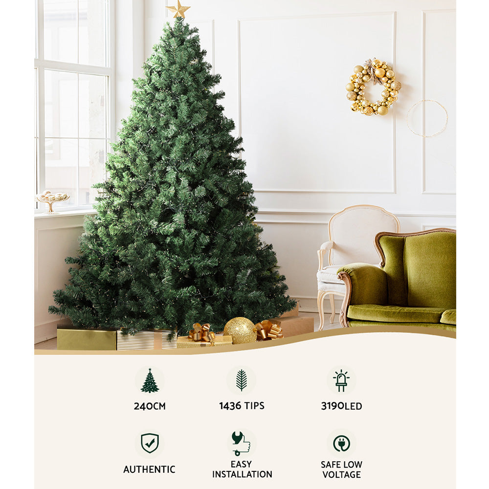 Jingle Jollys 2.4m Pre-Lit Christmas Tree – 3,190 Warm White LEDs