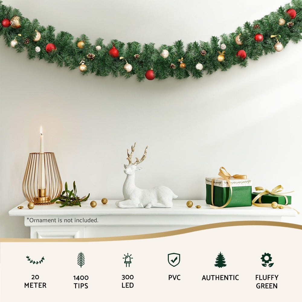 Jingle Jollys 20m Pre-Lit Christmas Garland – 300 Warm LEDs