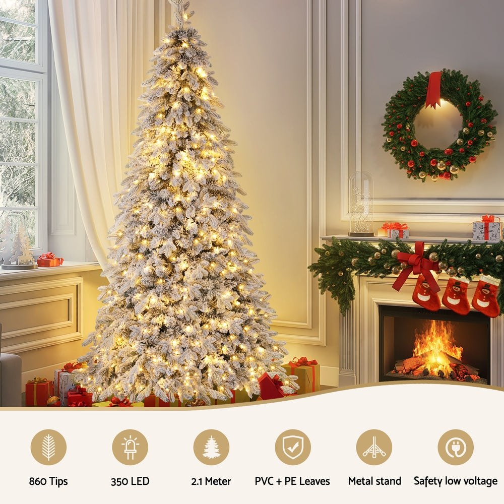 2.1m Snow-Flocked Pencil Christmas Tree – 350 Warm LEDs