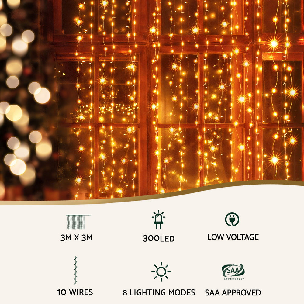 3m x 3m Curtain Christmas Lights – 300 Warm White LEDs