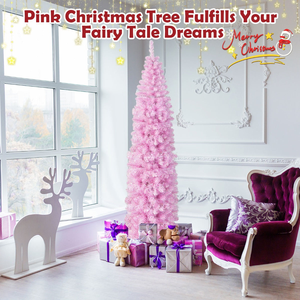 PINK AF 2.1m Pre-Lit Pink & White Pencil Christmas Tree – 350 LEDs
