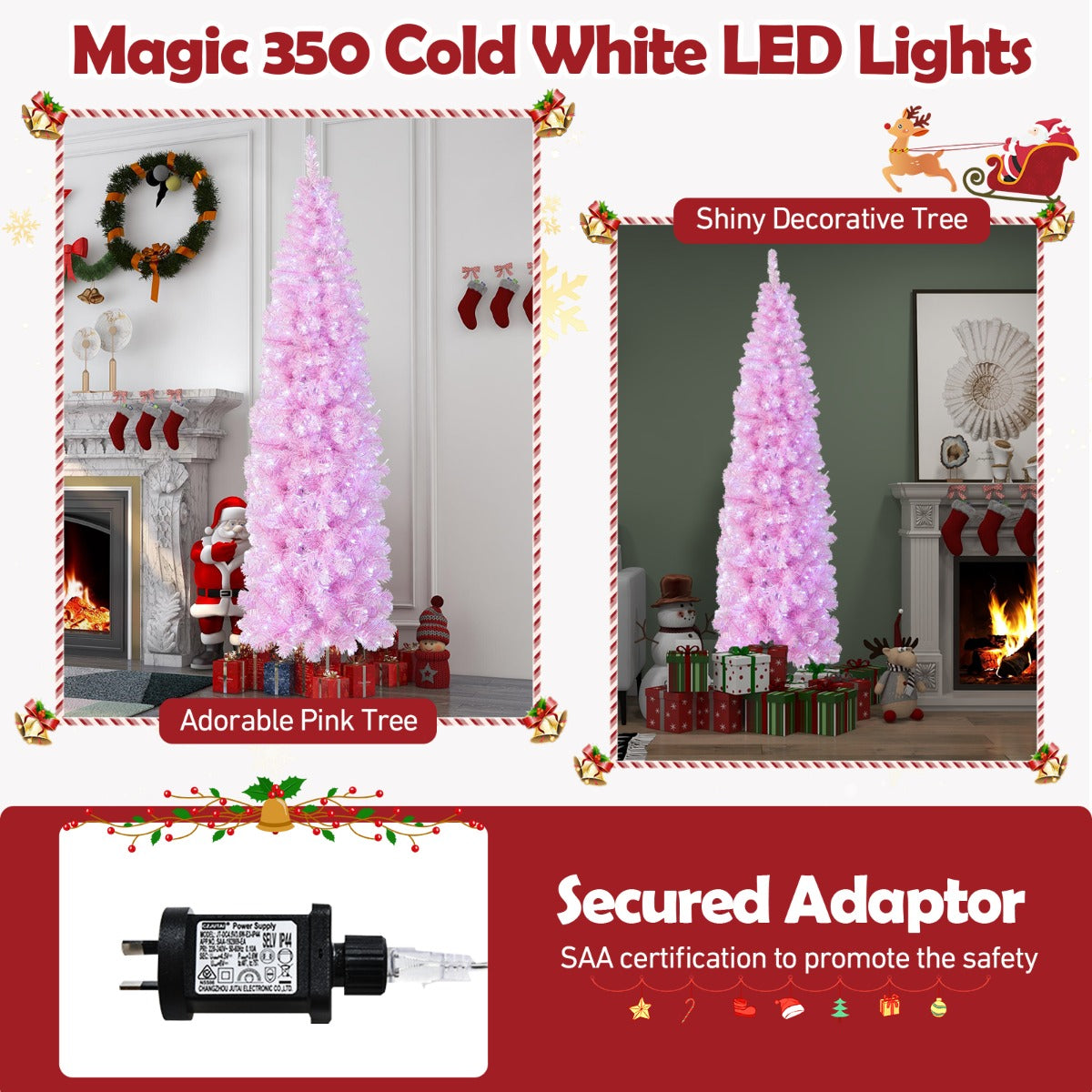 PINK AF 2.1m Pre-Lit Pink & White Pencil Christmas Tree – 350 LEDs