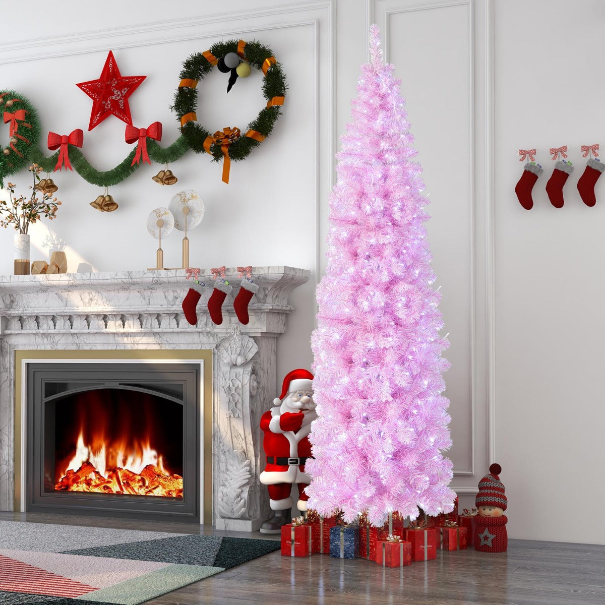 PINK AF 2.1m Pre-Lit Pink & White Pencil Christmas Tree – 350 LEDs