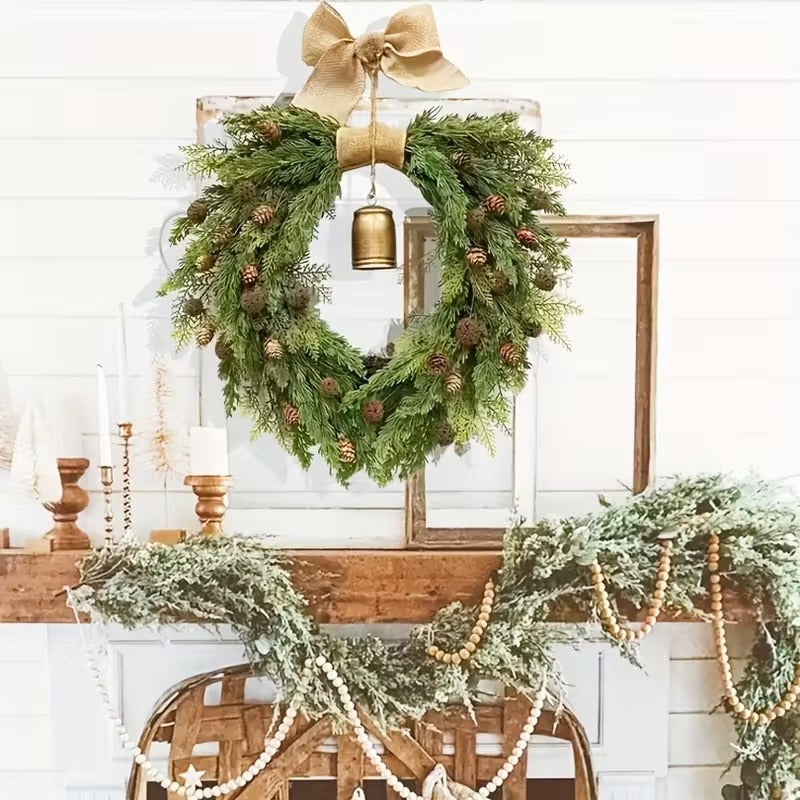 NNETM Norfolk Pine Christmas Wreath with Bells and Ribbon
