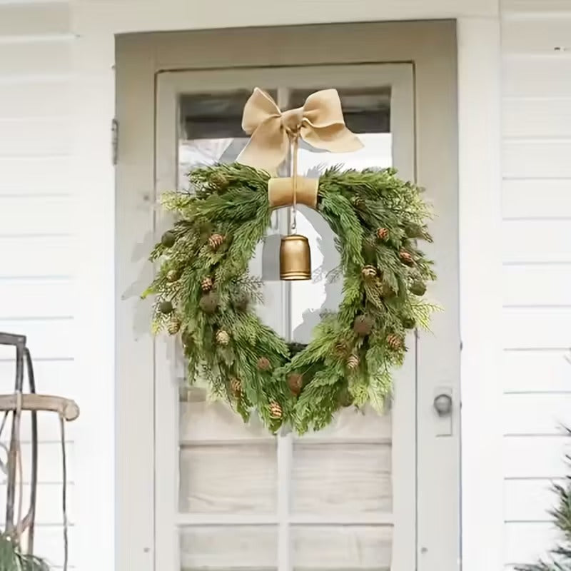 NNETM Norfolk Pine Christmas Wreath with Bells and Ribbon